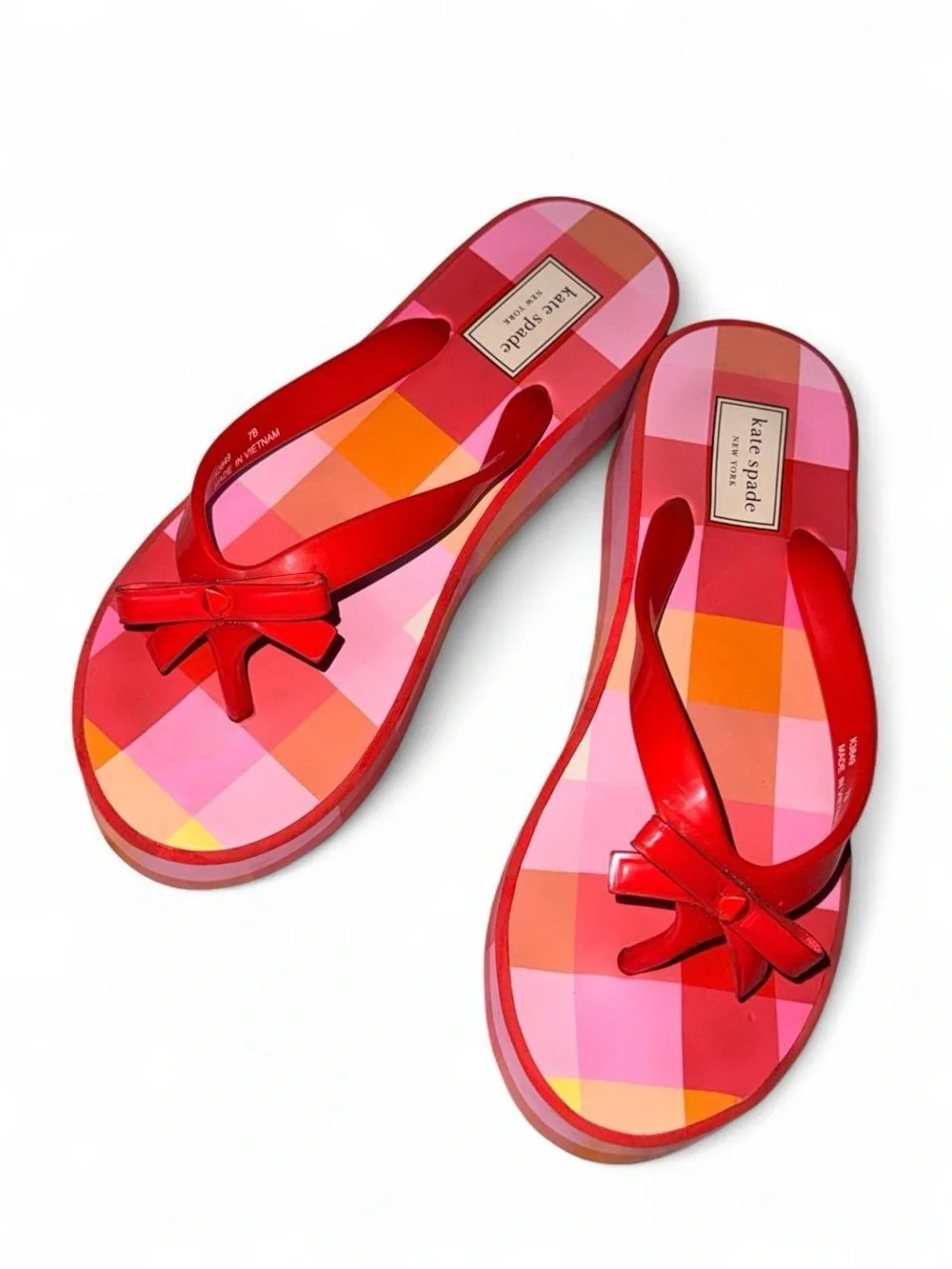 kate spade Red Pink Orange Check Platform Flip Flops